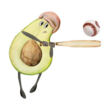 Hand drawn watercolor cute avocado character playing baseball game with bat and ball. Fitness health. Illustration isolated composition, white background. Design for poster, print, website, card, gym