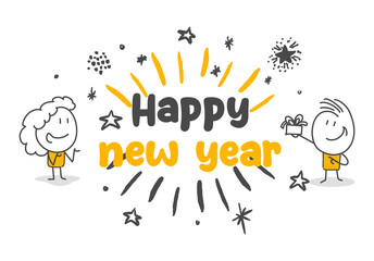 Stick figures. Happy new year. Isolated on blue background. Hand drawn doodle line art cartoon design character.