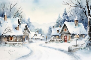 Winter village watercolor painting illustration made by generative ai