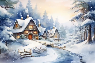 Fotobehang Winter village watercolor painting illustration made by generative ai © ImronDesign