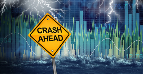 Stock Market crash warning as a Financial risk and investment danger crisis and economic storm ahead as a symbol for wealth management and finance security. - obrazy, fototapety, plakaty