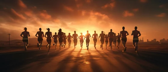 Tuinposter Several athletes jogging for heart health or training for a marathon, running on an asphalt street with the sunset behind them.. create using a generative AI tool  © Ahtesham