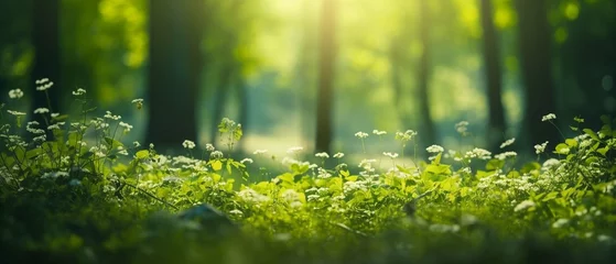 Foto op Plexiglas Summer Beautiful spring perfect natural landscape background, Defocused green trees in forest with wild grass and sun beams. create using a generative AI tool  © Ahtesham