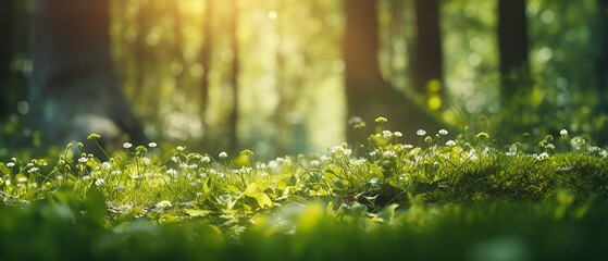 Summer Beautiful spring perfect natural landscape background, Defocused green trees in forest with wild grass and sun beams. create using a generative AI tool  - Powered by Adobe