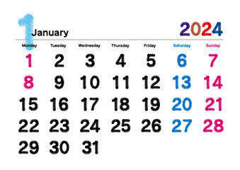 刺繍文字風の2024年1月のカレンダー 月曜始まり