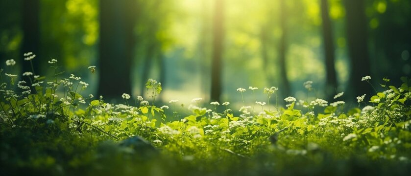 Fototapeta Summer Beautiful spring perfect natural landscape background, Defocused green trees in forest with wild grass and sun beams. create using a generative AI tool 