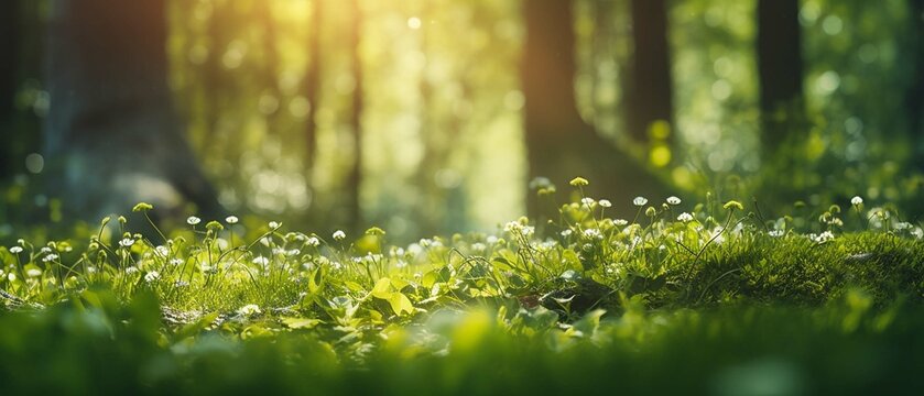 Fototapeta Summer Beautiful spring perfect natural landscape background, Defocused green trees in forest with wild grass and sun beams. create using a generative AI tool 