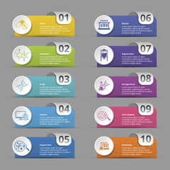 Infographics with Bioengineering theme icons, 10 steps. Such as antibiotics, molecular biology, chromosome, nano technology and more.
