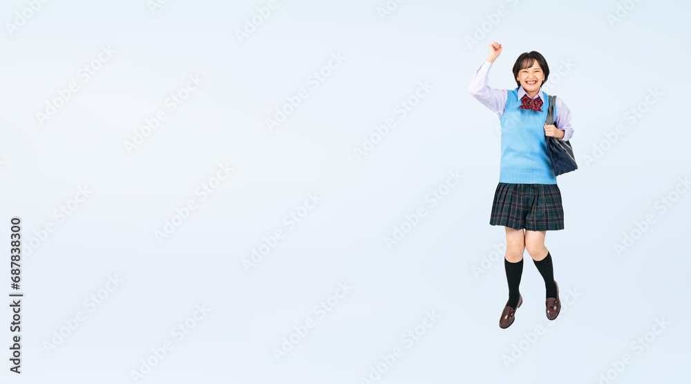 Poster ジャンプする制服を着た女子学生　切り抜き全身写真（切り抜き背景透過pngも販売しております。作成者リンクから「png」で検索してください）