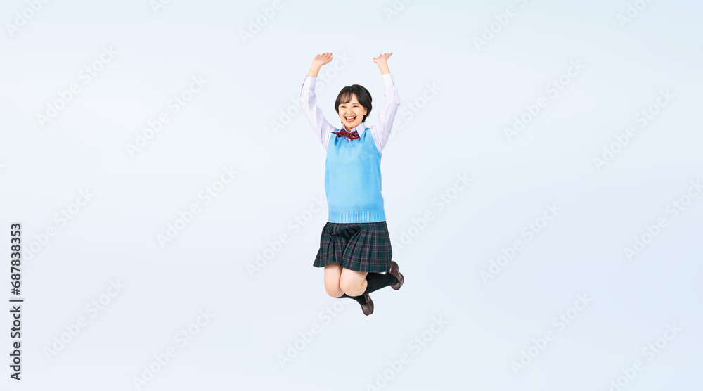 Poster ジャンプする制服を着た女子学生　切り抜き全身写真（切り抜き背景透過pngも販売しております。作成者リンクから「png」で検索してください）