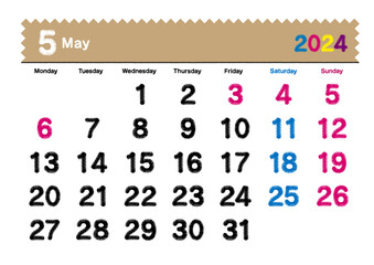 刺繍文字風の2024年5月のカレンダー 月曜始まり
