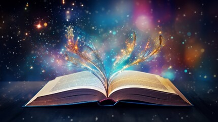 Open book with glitter overlay and beautiful universe on background