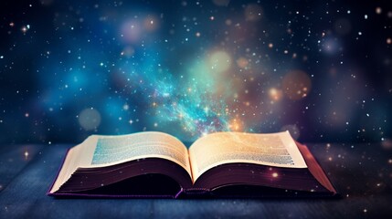 Open book with glitter overlay and beautiful universe on background