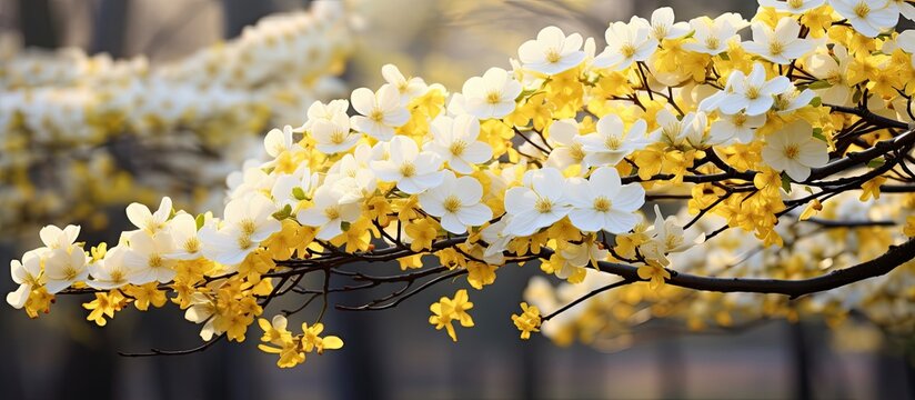 In the springtime, a majestic dogwood tree in Ukraine bursts with vibrant yellow blossoms, adorning its branches like a cheerful flower crown.