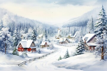Fototapeta na wymiar Winter village watercolor painting illustration made by generative ai