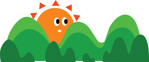 Illustration of a green mountain range with morning sun