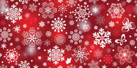 Vector hand drawn Christmas seamless pattern with snowflakes and stars on the red spotty background