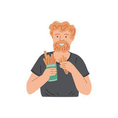 Man is having a snack, vector person eating fast food, french fries, sticks, worker or employee having unhealthy meal