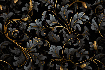 Abstract Black and Gold Ornate Floral Vine Pattern Background - obrazy, fototapety, plakaty