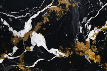 Abstract Gold Oil Painting with High Textured Black and White Marble Background