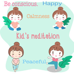 Children practice meditation in various poses for calmness and good mental health.