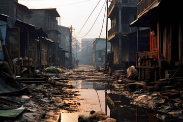 View of slum with dilapidated shanty houses - obrazy, fototapety, plakaty
