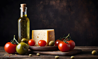 Bottle of olive oil with cheese, olives and tomatoes on a wooden table. Conceptual food photo.