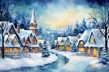 Fototapeta premium Winter village watercolor painting illustration made by generative ai