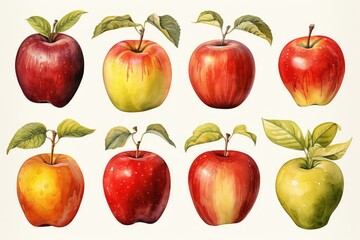 set of apples and leaves in watercolor style. AI Generated