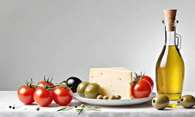 Cheese with tomatoes and a bottle of oil on a light background. Cheese, tomatoes, olives and a bottle of oil on the table