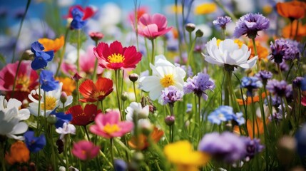 Closed Up of vibrant wild flowers in a Field background.