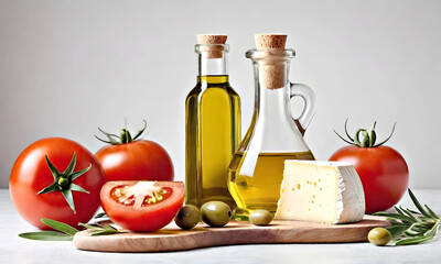 Cheese with tomatoes and bottles of oil on a light background.
