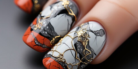 Lady fingers with nail art designs with gold and orange and white 