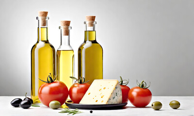 Cheese with tomatoes and bottles of oil on a light background. Conceptual food photo.