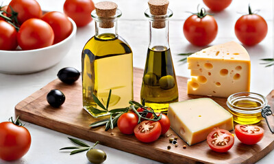 Cheese with tomatoes, olives and a bottle of oil on a wooden board. Food still life of cheese with tomatoes and olives on a light background.