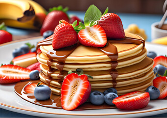 Delicious pancakes with syrup and fruits on a plate. Pancakes with blueberries and strawberries with syrup on a white plate.