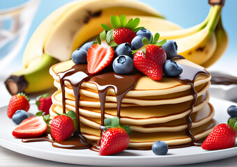 Delicious pancakes with chocolate and fruits on a plate. Pancakes with banana blueberry and strawberry with chocolate on a white plate.