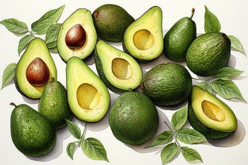 Set of watercolor avocados on white. AI Generated
