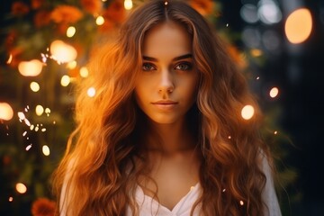 Close-up portrait headshot of a young caucasian woman girl with fire lights around. Pagan holiday Beltane Sabbats, May spring festive - obrazy, fototapety, plakaty