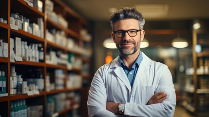 Pharmacist wearing glasses in front of shelves with medicines