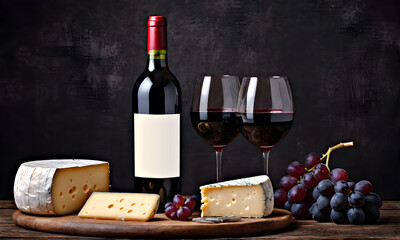 Wine grape cheese and a bottle of red vain on a wooden table. Conceptual food photo.