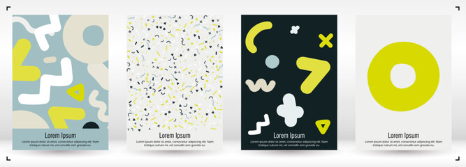 Abstract Minimal Vector Background in Trendy Doodle Style.   Vibrant Graphic Print with Dynamic Lines and Geometric Shapes.  Set of Vivid Poster 80s - 90s Design for Landing Page, Cover, Brochure.