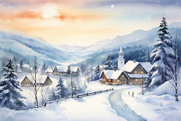 Winter village watercolor painting illustration made by generative ai