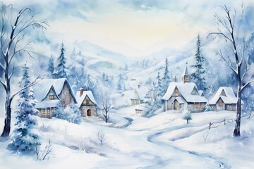 Winter village watercolor painting illustration made by generative ai