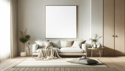 Scandinavian living room with comfortable sofa, warm throw, and soft lighting. Coziness concept. Generative AI