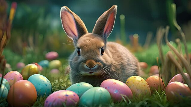 Easter bunny in a forest. Created with Generative AI.	
