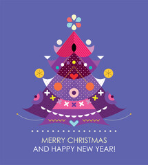 Colored decorative flat style design isolated on blue background Christmas Tree vector illustration.