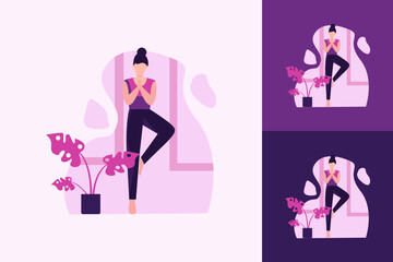 Fototapeta na wymiar flat illustration of sports or yoga or woman in yoga pose standing indoors