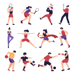 collection of flat illustrations of sports, tennis, football, basketball, yoga, baseball, boxing, marathon