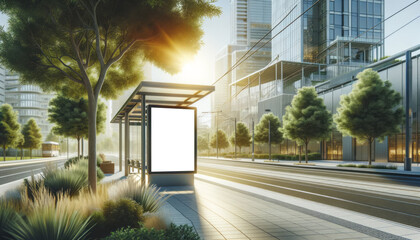 Street-level tram stop with blank advertising board during sunrise in a modern cityscape. Outdoor media concept. Generative AI - obrazy, fototapety, plakaty